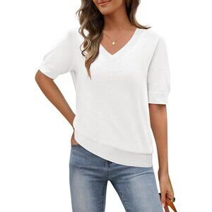 Women's Light Knit V Neck Short Sleeve Sweater Casual Work Tops